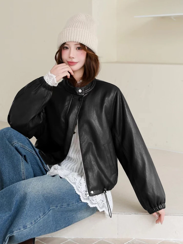 Vintage quente jaqueta de couro falso para mulher 2026 outono inverno o pescoço manga longa casaco do plutônio oversize luxo outwear ineo 5o131