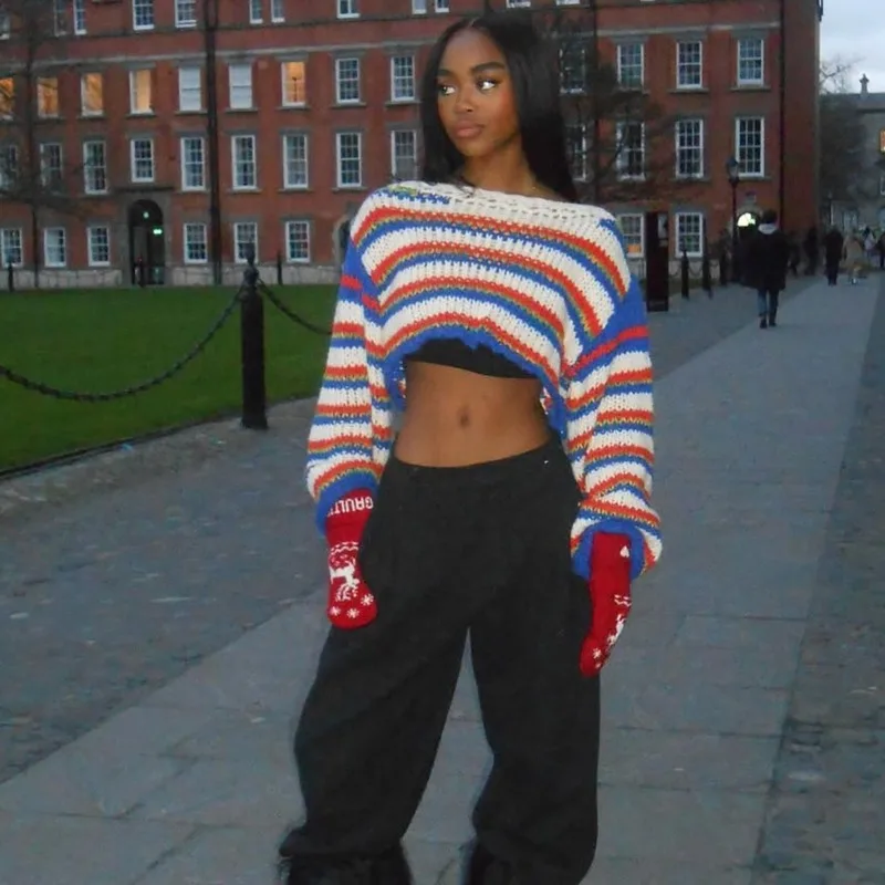 

Striped Loose Knitted Pullover Sweaters 2025 Fall Winter Women Color Patchwork O Neck Long Sleeve Casual Jumpers Crop Tops