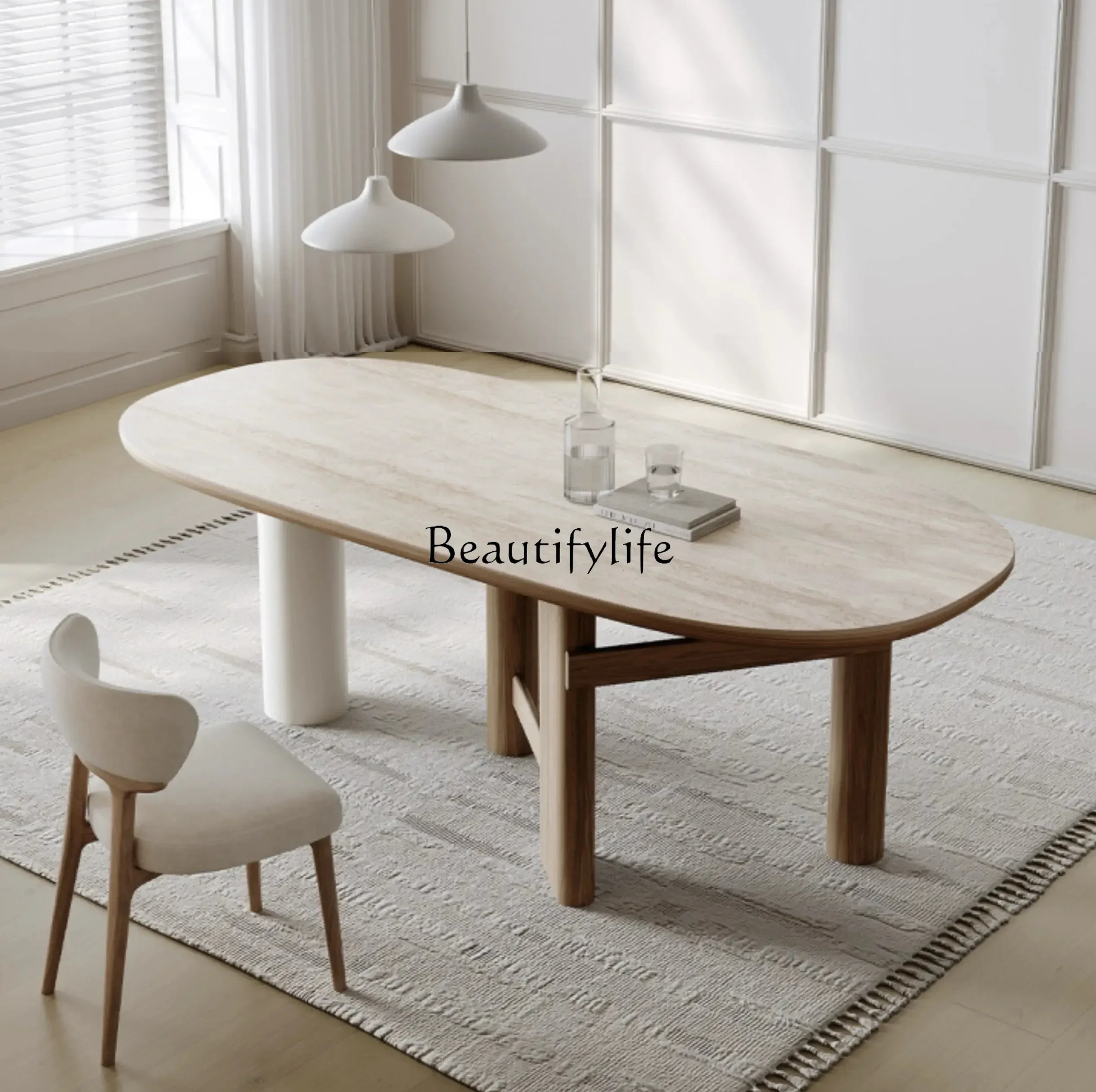 

LJYFrench solid wood dining table irregular slate oval negotiation table log cream style