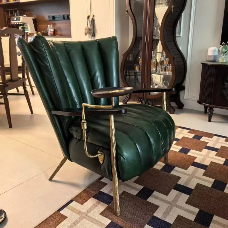 American retro cigar chair first layer cowhide solid wood single sofa chair light luxury living room leisure chair tea room