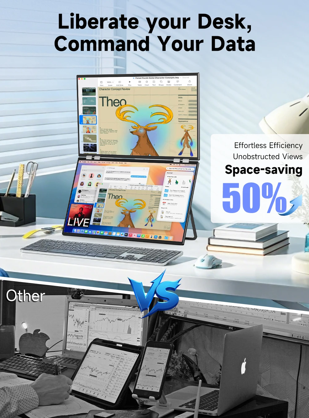 شاشة كمبيوتر UPERFECT Delta Mega مقاس 23.8 بوصة 100 هرتز مزدوجة الشاشة 1080 بكسل 360 درجة قابلة للطي ثلاثية التمديد مع مكبرات صوت VESA لأجهزة الكمبيوتر المحمولة والهواتف ووحدات التحكم في الألعاب