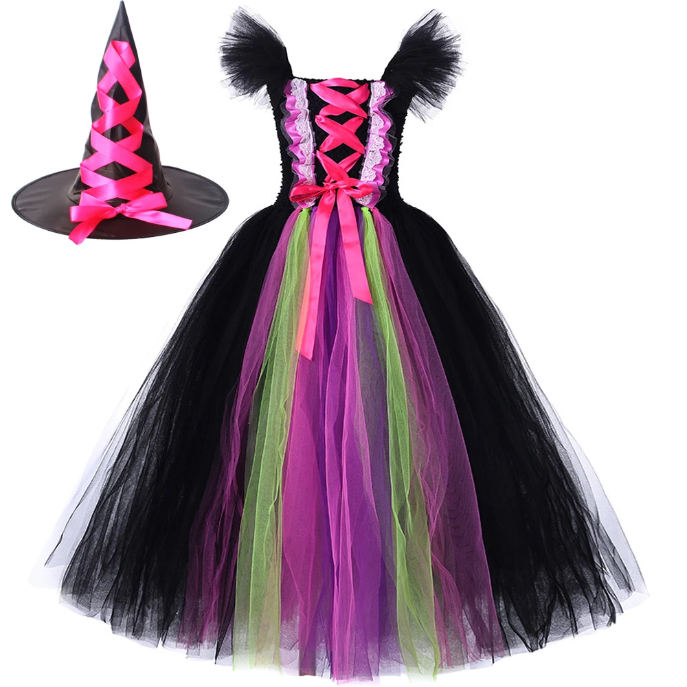 Hocus Pocus Halloween Costumes for Girls Witch Long Lined Tutu Dress with Hat Broom Children Holiday Party Outfit Kids Ball Gown