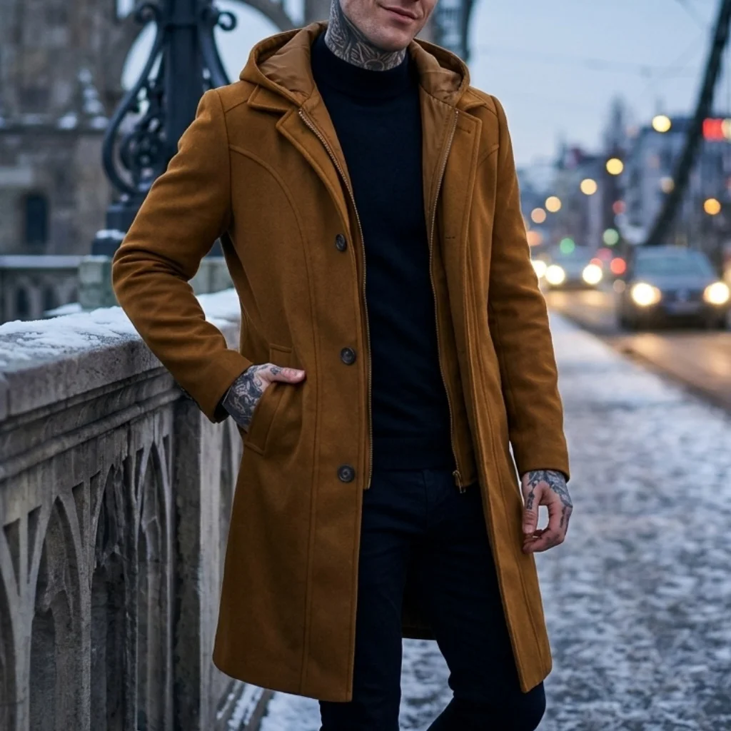 New Autumn/Winter Men's Double-layered Hooded Overcoat | Warm & Durable Long Coat | Streetwear Smart Casual Outerwear for Men