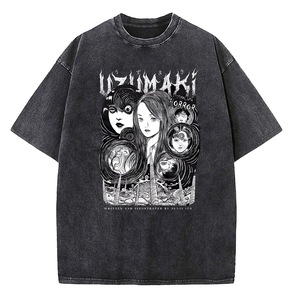 

Fashion Vintage Washed T Shirt Streetwear Graphic Print Harajuku Junji Ito T-Shirt Summer Short Sleeve Cotton Loose Tops Tees
