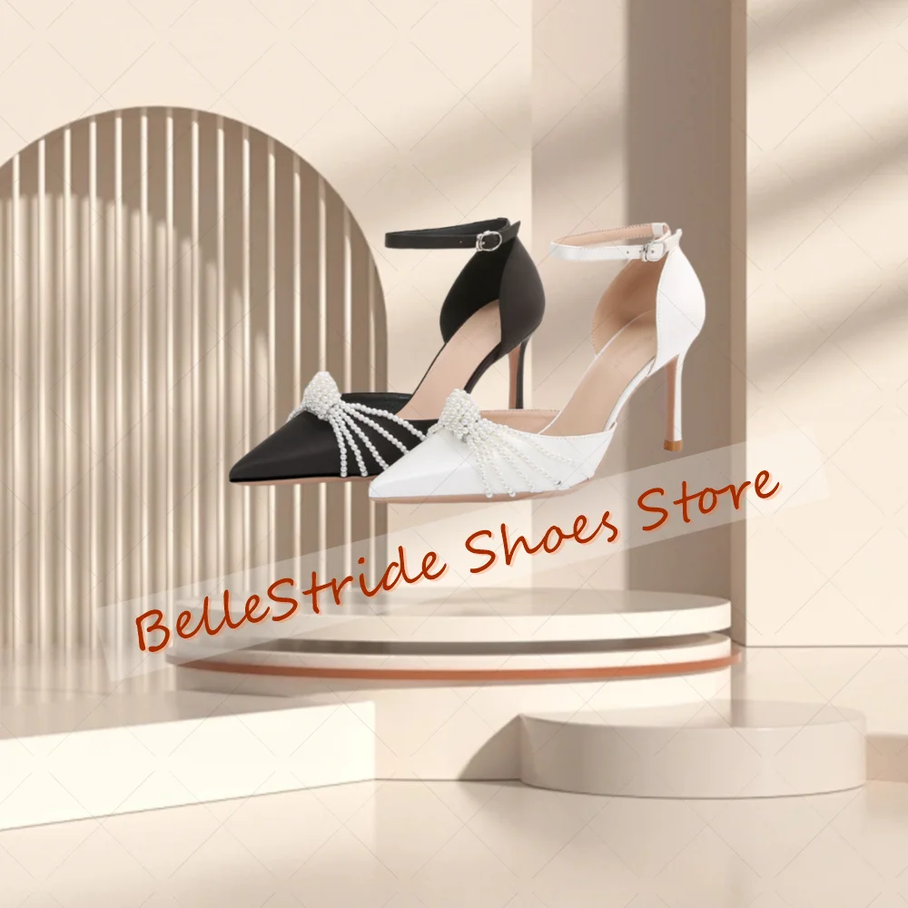 

White Pearl Strap Buckle Strap Sandals Pointed Toe Women Shoes Thin High Heels Party Banquet Dating 2025 Zapatos Para Mujere
