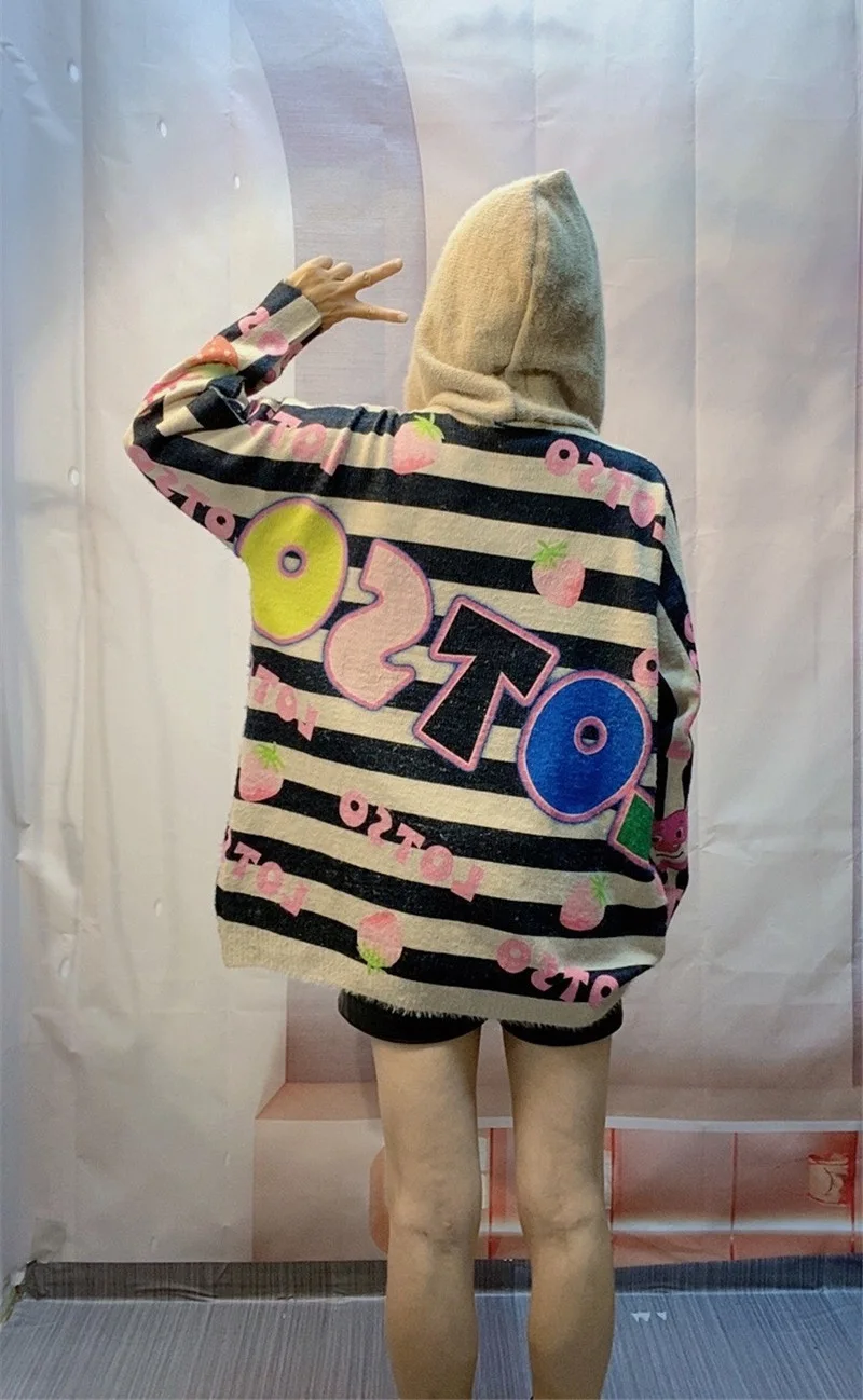 Heavy Industry Hot Diamond Bear Knitted Sweater Women Autumn and Winter Loose Mid Length Cartoon Hooded Top Pullover Sweaters