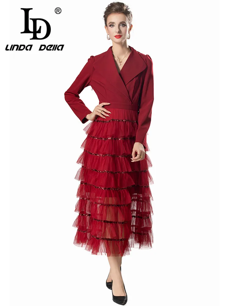 

LD LINDA DELLA Autumn and Winter Women's Ball Gown Dress High waist Solid Color Sequins Striped Mesh Wine red/Black Dresses