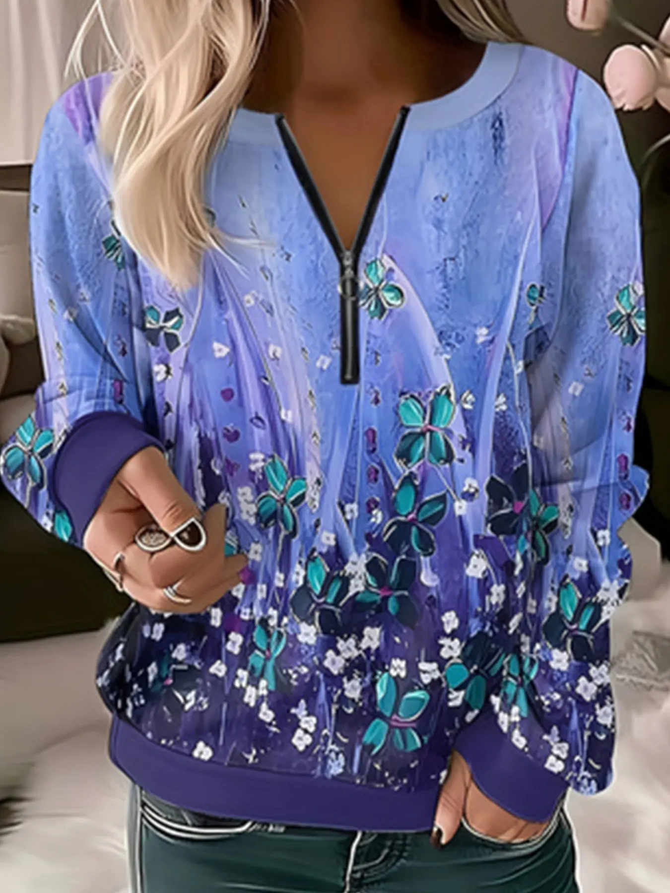 Plus Size Freizeit hemd, Damen plus Blumen druck halber Reiß verschluss Langarm Rundhals-Top