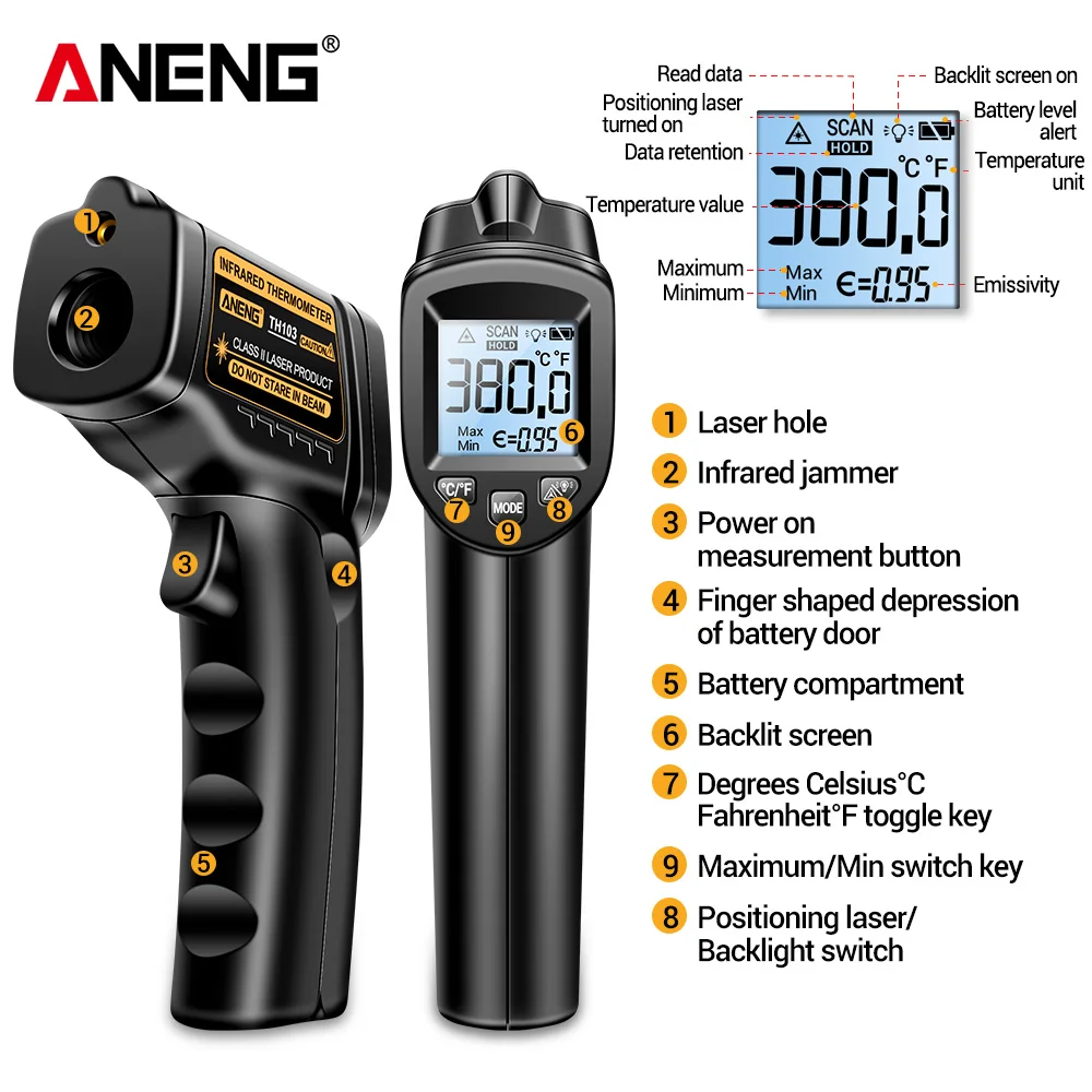 

ANENG TH103 Infrared Laser Thermometer Temparature Gun Digital Display Screen Tester Meter Non-contact Industrial/Household Tool