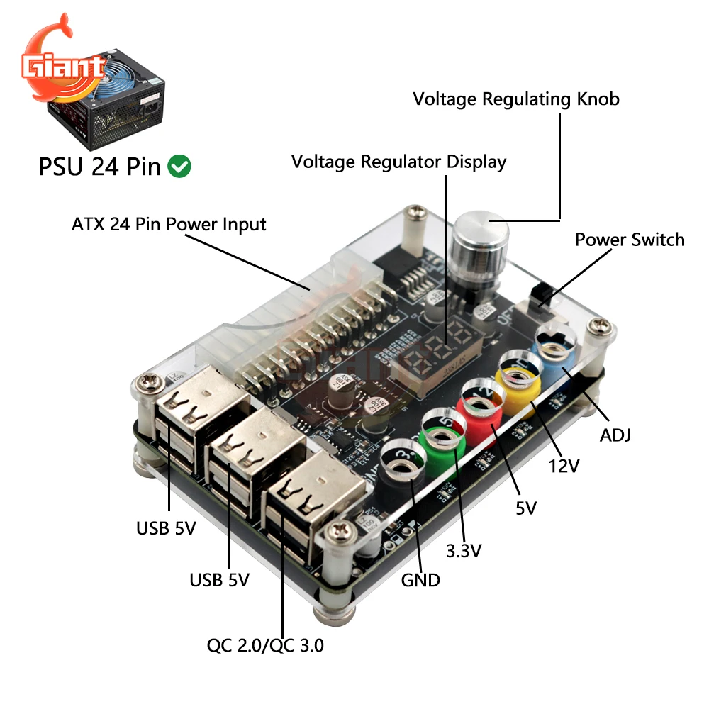 Imagem -02 - Atx Power Supply Breakout Board Adaptador de Alimentação Módulo Conector Tensão Ajustável Power Transfer Board 24pin Usb 2.0