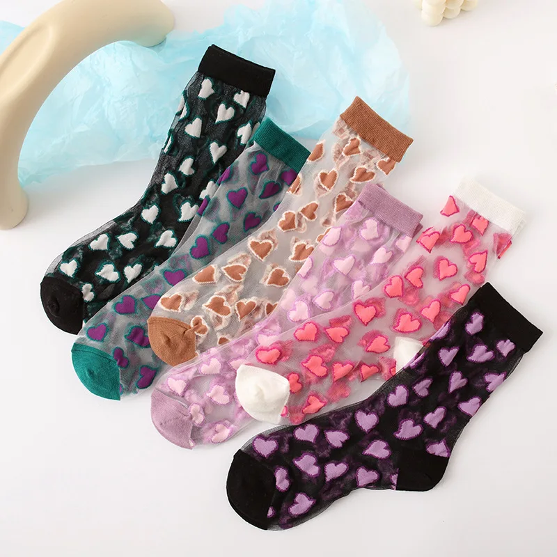 Summer Woman Socks Japanese Style Sweet Crytal Glass Silk Socks Heart Print Ultra-thin Transparent Girls Kawaii Cute Long Socks