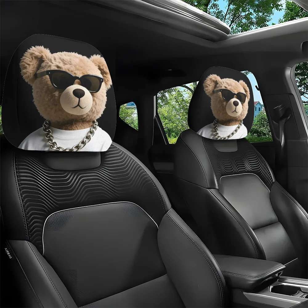 2pcs Trendy Bear-Shaped Printed Car Headrest Covers | Easy-to-Install, Washable, Perfect For Daily Commutes And Long Drives, Uni