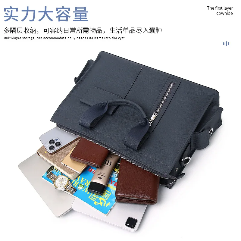 Genuine Messenger Bag Men Leather Handbag Large Capacity Business Commuter Handheld Cowhide Laptop Document Bag Men's Briefcase