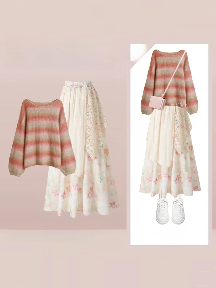

Sweet Knitted Sweater And Lace Skirt Two-Piece Set for Women round Ne Long Sve Autumn Faion Casual Sle