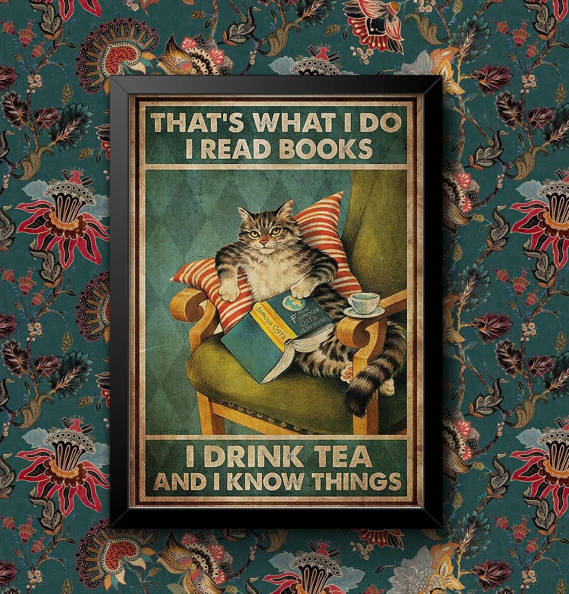 Posterdruck „Katze I Read Books and Drink Tea“-Wandkunst, lustiges Vintage-Dekor, gerahmt oder ungerahmt, Geschenk für Buchliebhaber, Teeliebhaber, K