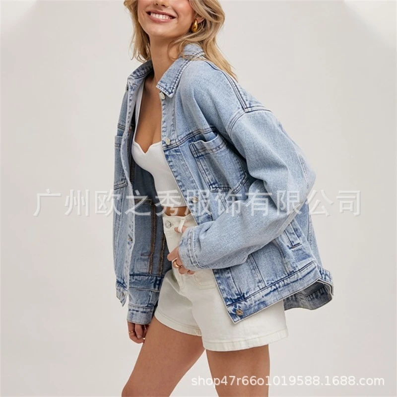 

Women Denim Jacket Oversized Washed Long Sleeve Lapel Jean Coat Loose Casual Streetwear College Travel Spring Autumn Gift