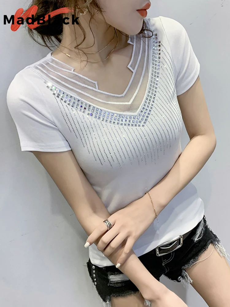 T-Shirt MadBlack Summer European Clothes Sexy scollo a v scava fuori diamanti cotone donna top manica corta Tees 2022 New Hot T04515