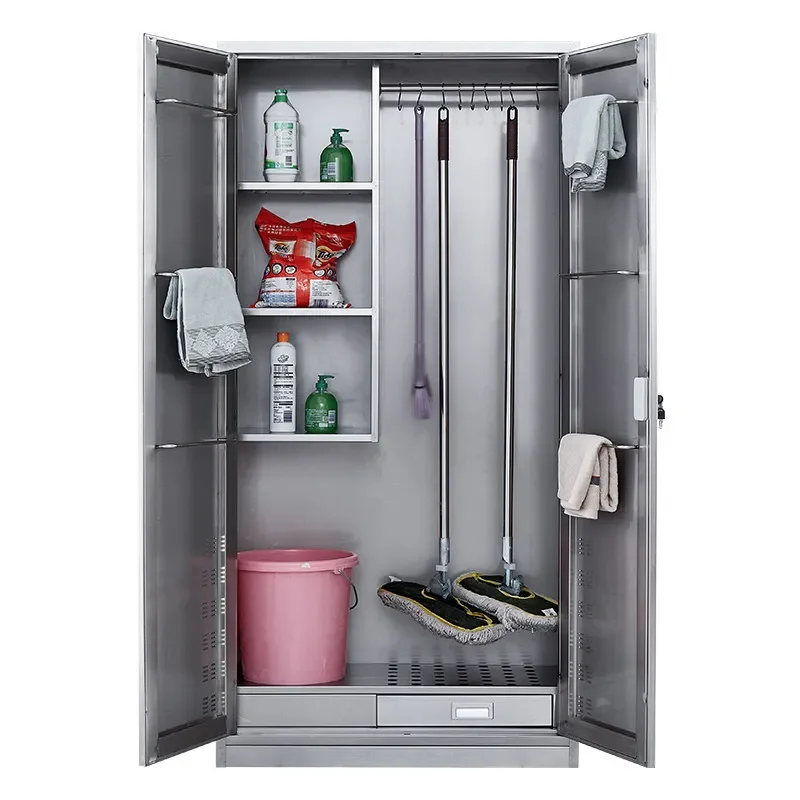 Stainless Steel Outdoor Cleaning Cabinet Balcony Storage Locker for Mops Brooms Hygiene Tools School Housekeeping Utility