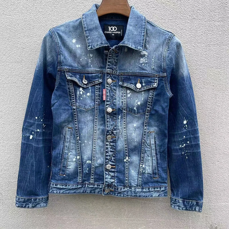 100 CHAREI HARPER 1902 Autumn/Winter fashion men's denim coat jacket Ripped patch paint point long sleeve denim coat trend