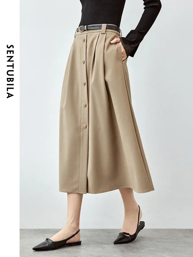 

SENTUBILA Elegant Midi Skirt Women 2025 Spring Autumn Elastic Hight Waist Botton Front Long Skirt Woman's Clothes 143Q56597