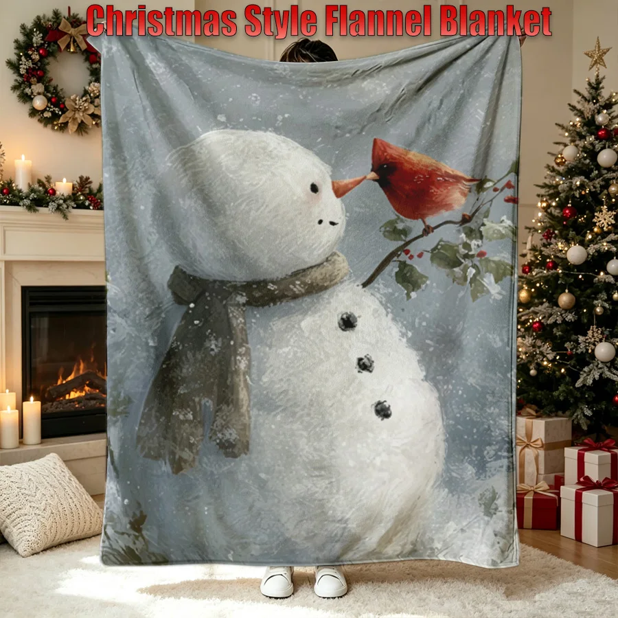 Christmas Oil Painting Style Snowman Cardinal Bird Printed Flannel Throw Blanket, 2D Single-Sided Printed Holiday Decor