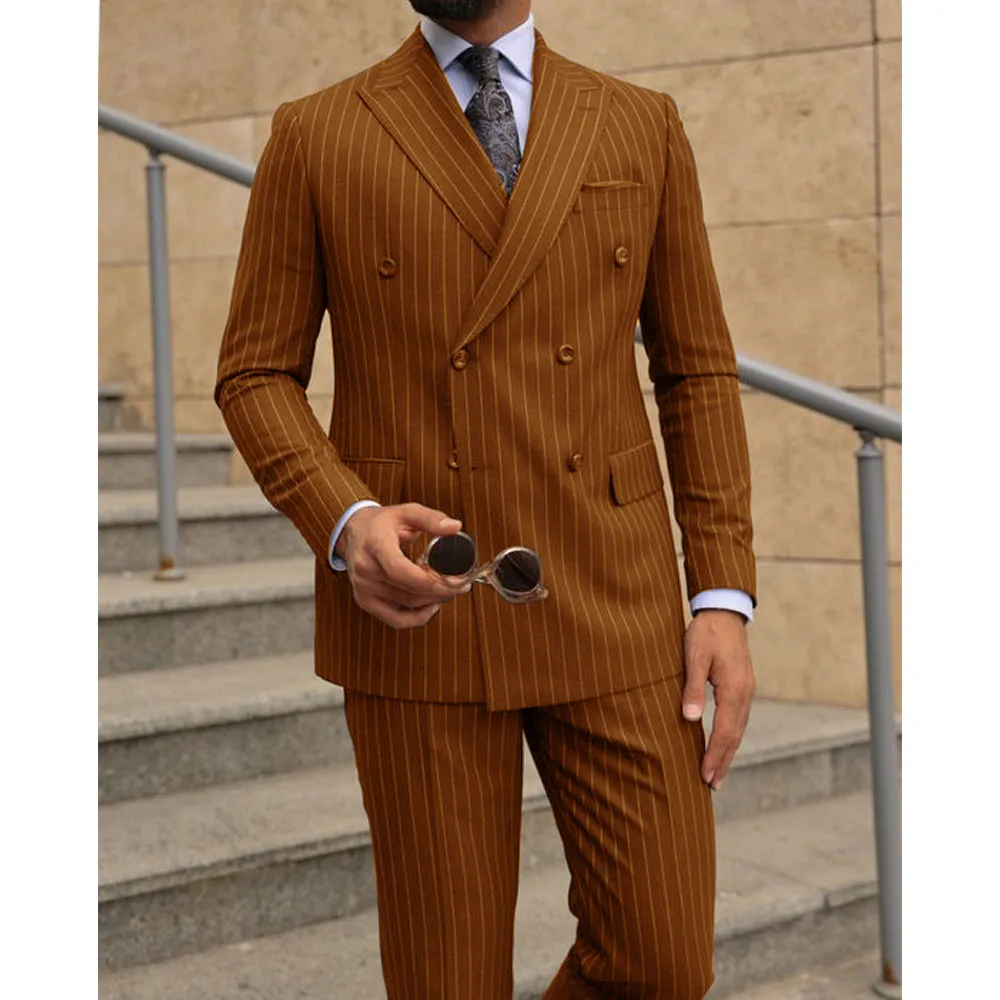 Conjunto de duas peças de terno listrado masculino, vestido trespassado duplo, roupa de cavalheiro, roupa de casamento formal, trajes masculinos