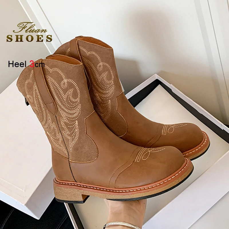 

Женские сапоги до середины икры с вышивкой в стиле ретро, ковбойские сапоги в стиле вестерн на массивном каблуке 3 см с круглым носком для женщин, уютная дорожная обувь