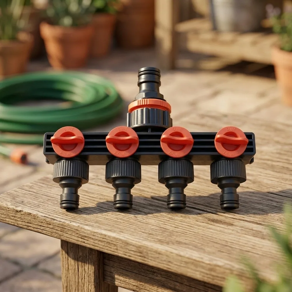 Garden Water Distributor 4-Way for Standard For Tap Threads with Sealed Ball Valves Grey Orange Color 180x110x78mm