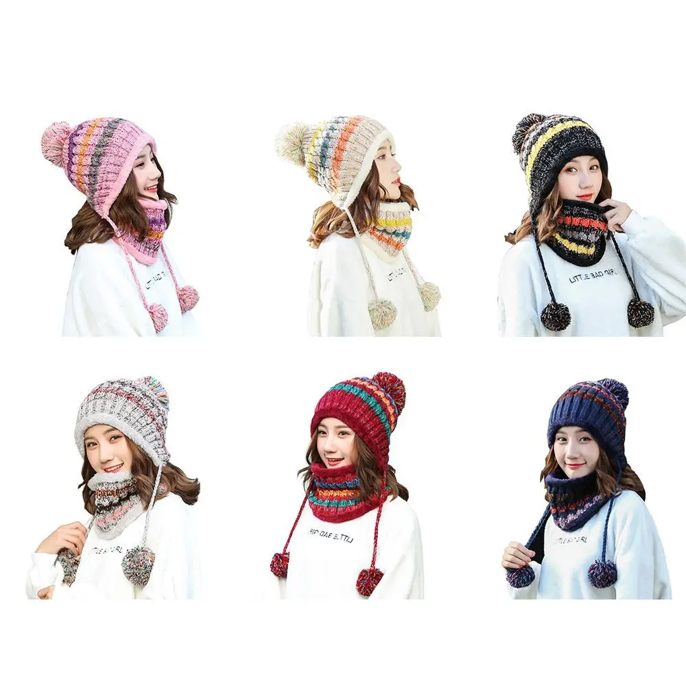 Mode Vrouwen Dikker Winddicht Uitlaatdemper Hals Wikkel Halsdoek Kraag Pompom Beanie Muts Breien Pluche Muts Sjaal Pak Set