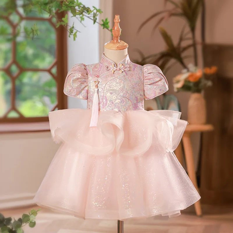 Baby girl\'s birthday party Gown Princess Dresses Chinese luxurious Shining kids Pink jacquard wedding flower girl boutique dress