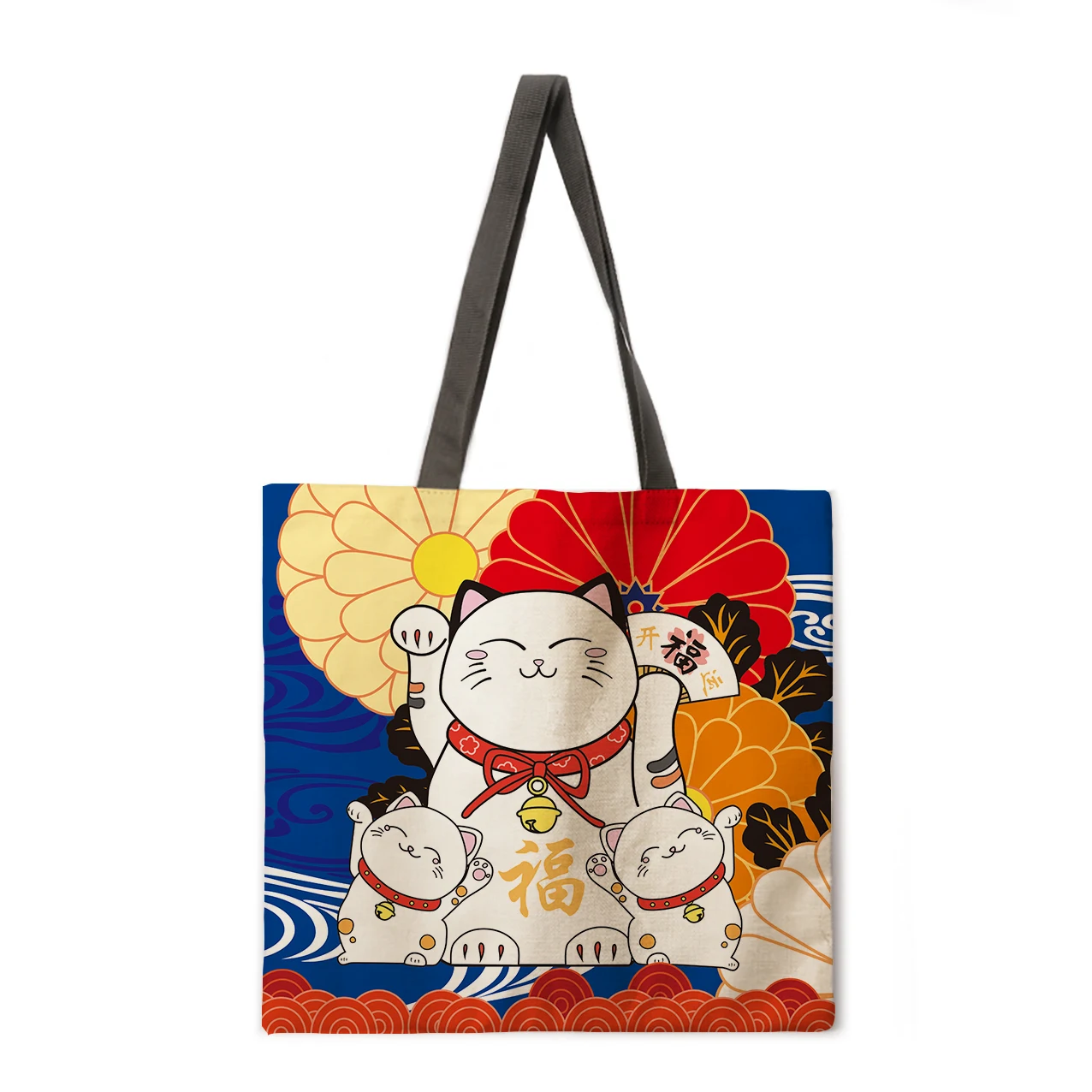 

Japanese lucky cat linen bag handbag light shoulder bag high capacity eco-friendly shopping bag tote bag