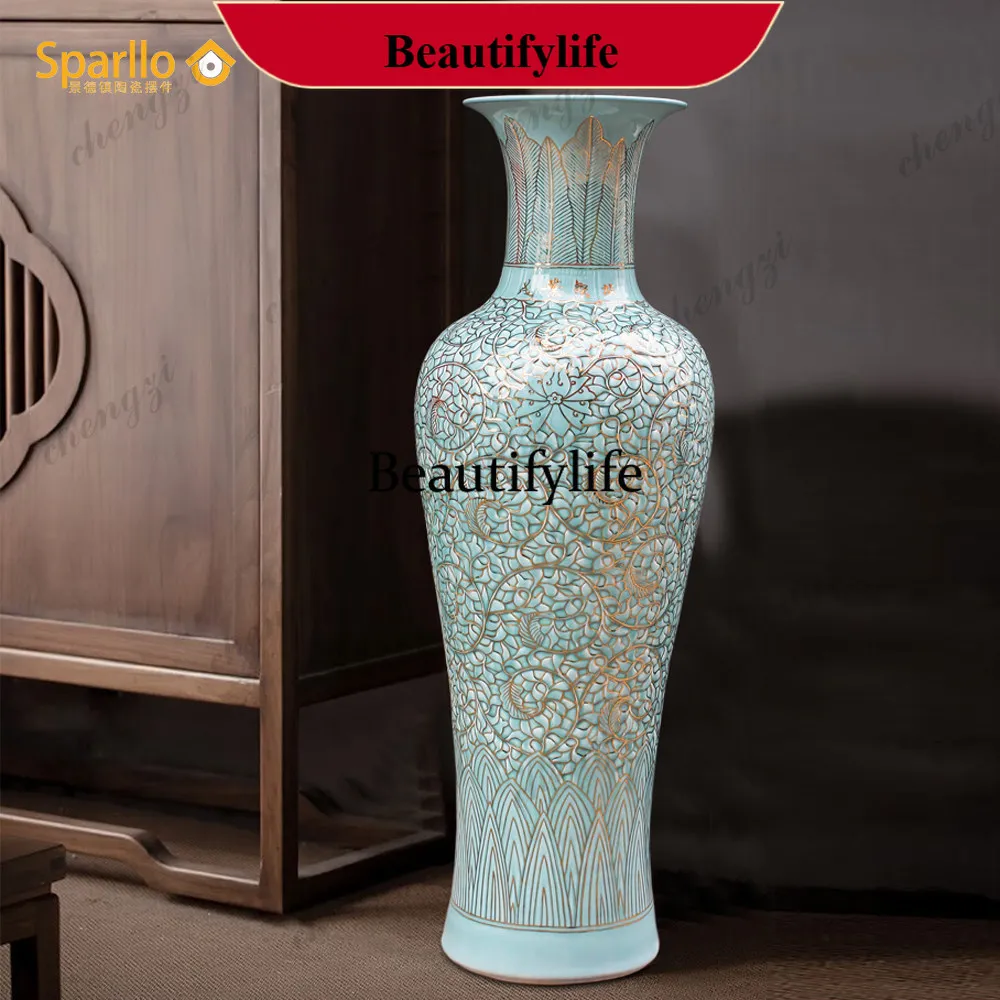 A95 Jingdezhen ceramic floor-to-ceiling vase Chinese hand-painted gold peony living room light luxury