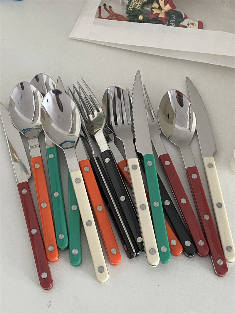 Korean INS Style Tableware Set Stainless Steel Knife, Fork, Spoon Western Tableware Set Simple Retro Color Dinner Cutlery Set