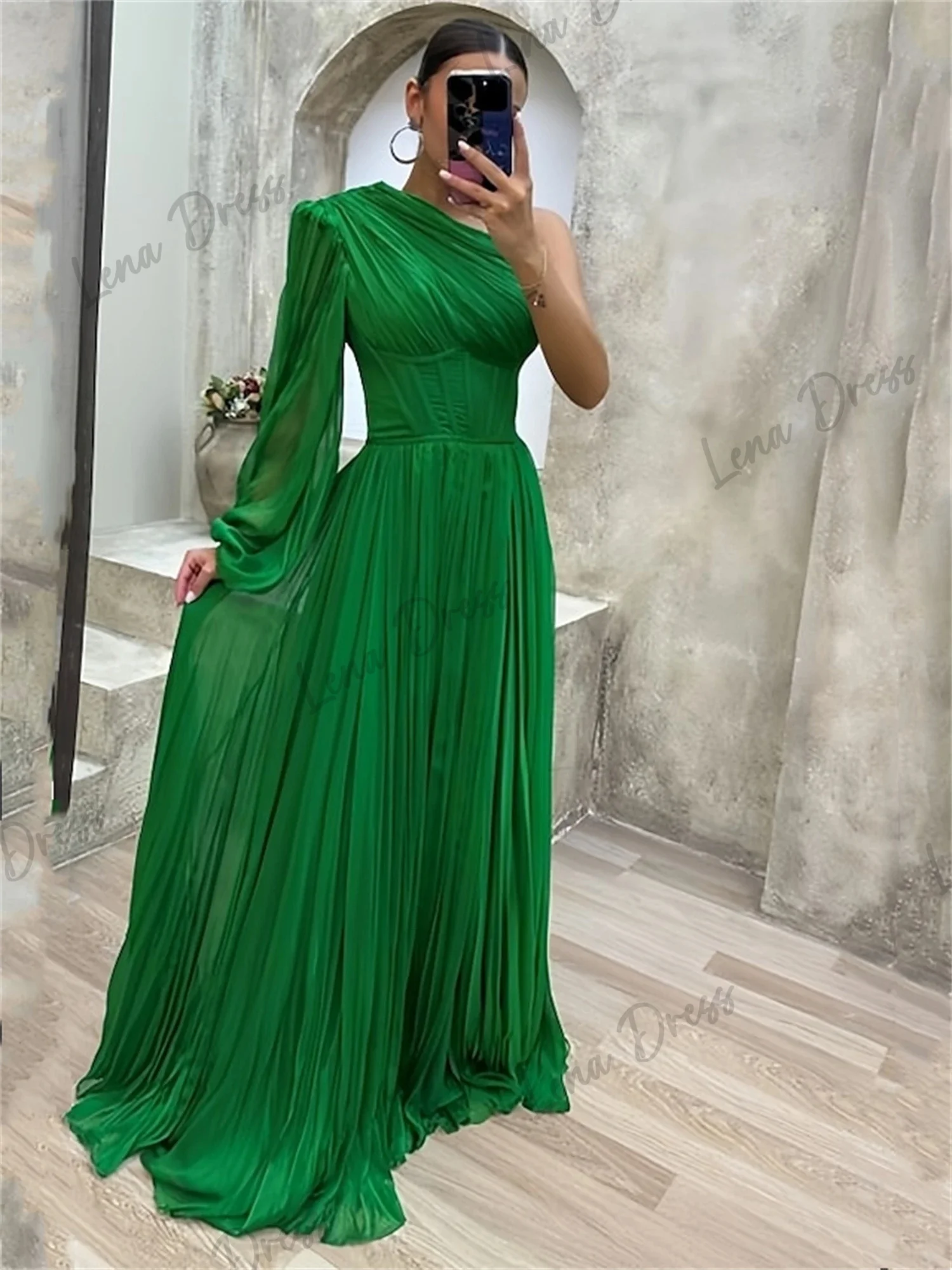 2024 Women\'s Wedding Guest Dress Elegant Yellow Evening Dress Luxury Chiffon One Shoulder Full Sleeve Long Style Suitable for