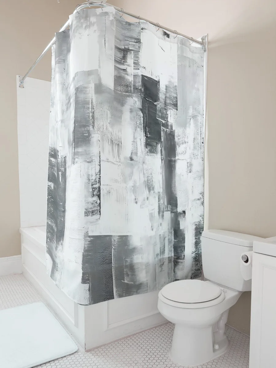 

Modern Abstract Grey White Bath Curtain Decor Waterproof Fabric with Hooks for Tub Privacy Suitable for Wet and Dry Separation