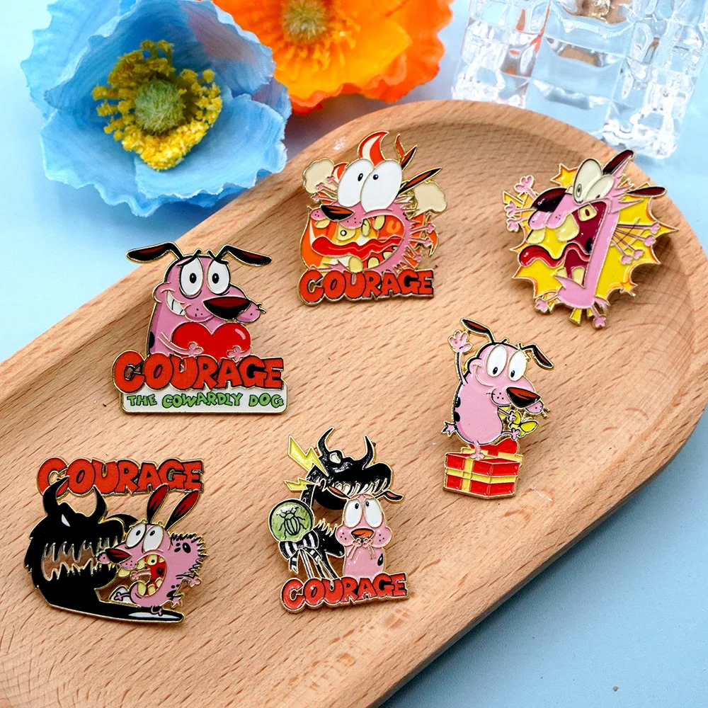 6Pcs Anime Brooch Cowardly Hero Pink Dogs Enamel Pins Women's Metal Lapel Badge on Bag Cloths Fashion Friends Jewelry Gifts