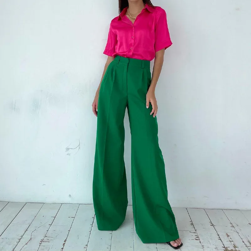 Pantalones de traje de pierna ancha de cintura alta para mujer, pantalones largos ajustados, cómodos y elegantes, Color sólido, moda de primavera y verano