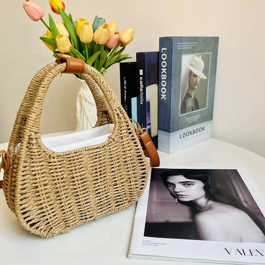 Hand crochet straw woven hollowed-out crossbody bags for women summer straw bags crescent clutch purse travel beach handbags sac