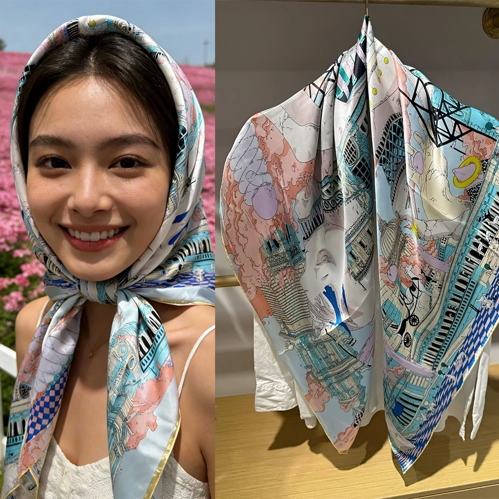 

100% mulberry silk square scarf shawl Fashion Women's Blue Pink Silk Head Wrap for hair Elegant Travel Scarf Wrap Cape 110*110cm