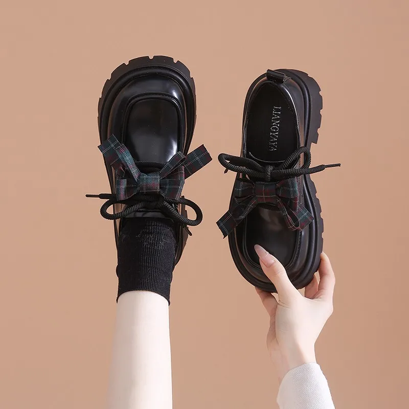 

Туфли-лоферы на платформе с круглым носком, глубоким вырезом, бантом, на шнуровке, нескользящие, износостойкие, на блочном каблуке