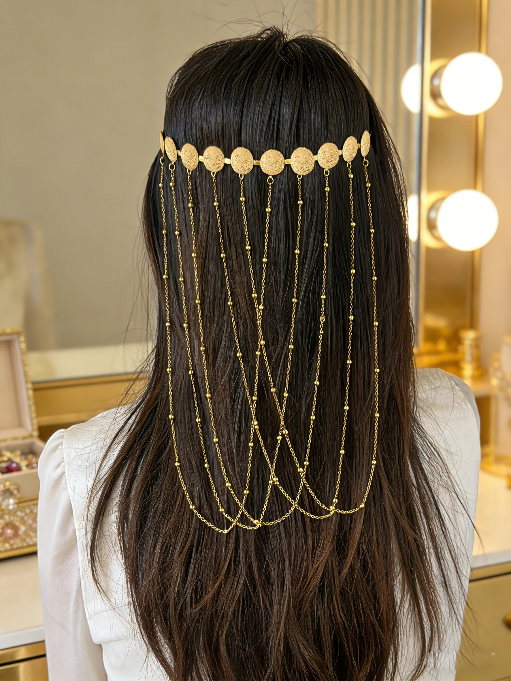 1 Gold-Plated Tassel Kurdish Style Women's Headband & Hair Clip Arab Coin Totem Headpiece Wedding & Festival Accessory