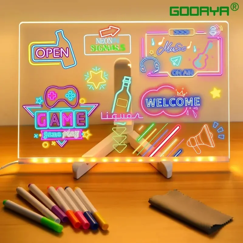 LED Note Board With Night Light Colorful 7 Pens DIY Acrylic Message Board Children‘s Drawing Board For Kids Birthday Gift