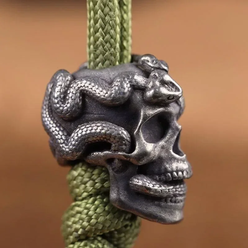 Double Snake Skull Head Brass Knife Bead EDC Outdoor DIY Paracord Accessories Woven Lanyard Pendant Jewelry Punk Bracelet Charms - view 2