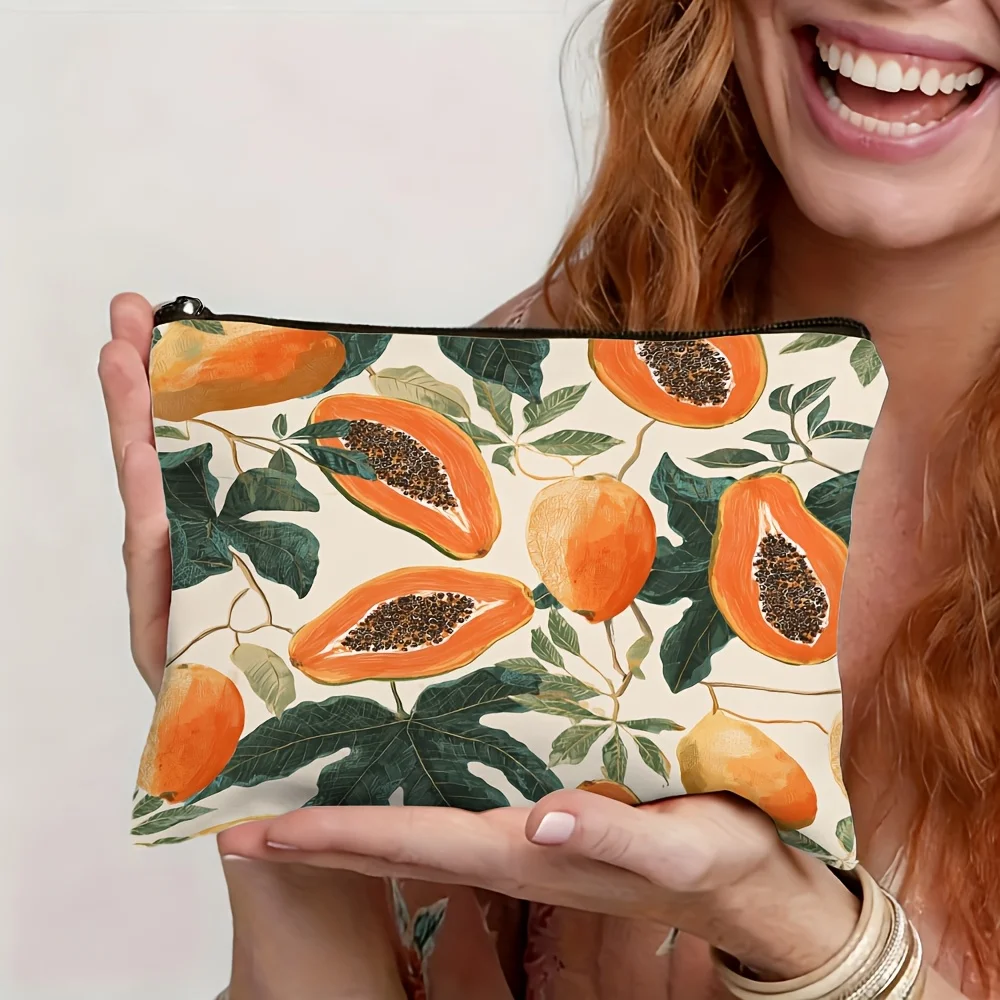 Vintage Papaya Flower Leaf All over Print Makeup Bag for Travel Vacation Student Pencil Case Toiletry Organizer Warm Versatile