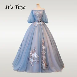 It's yiiya vestido de casamento elegante, manga lanterna azul, vestidos de casamento, laço, tamanho grande, robe de comprimento até o chão ch069