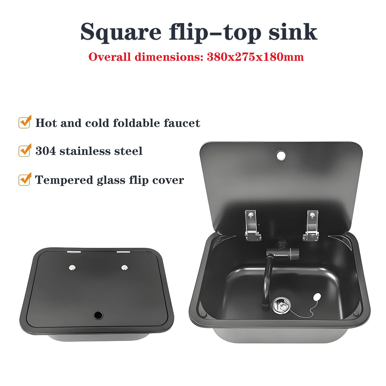 

Раковина для автофургона со складной крышкой из закаленного стекла, черная раковина из нержавеющей стали 304, раковина для овощей, яхта, караван, кемпинг, автомобильные аксессуары