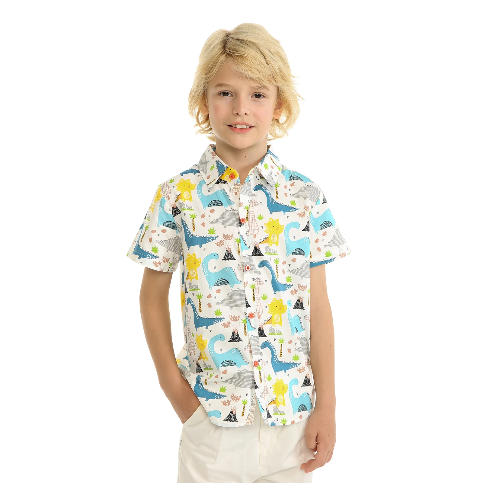 Mudkingdom Boys Hawaiian Shirt Dinosaur Floral Printing Short Sleeve Tops for Toddler Clothes Beach Holiday Button Down T-shirts