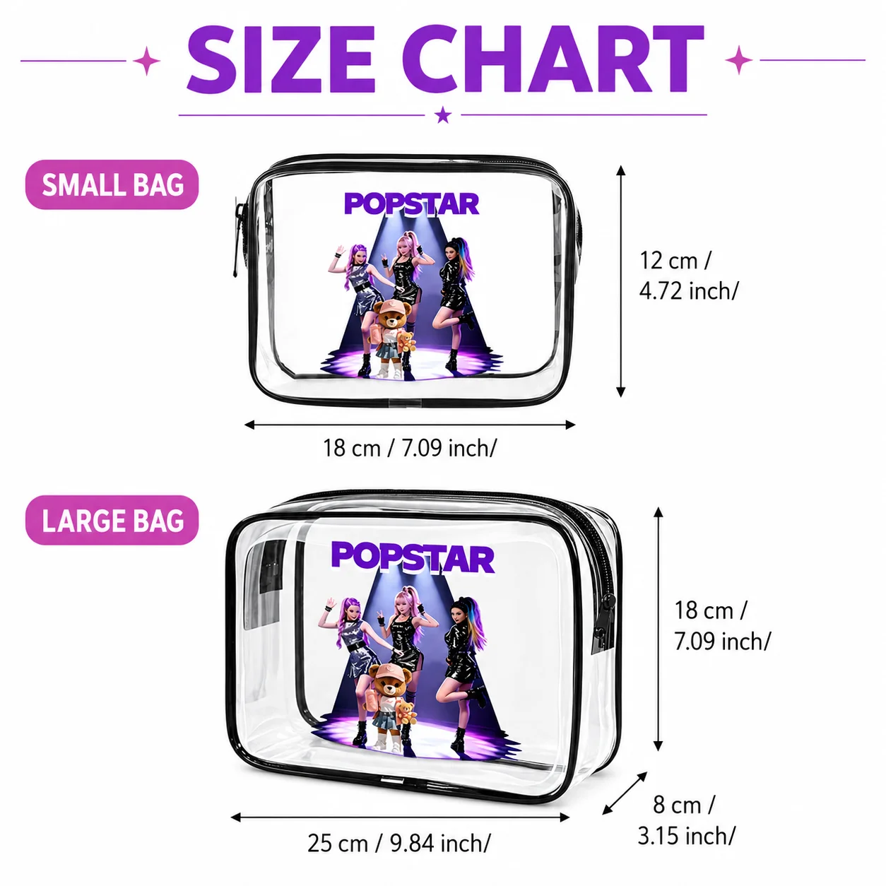 Transparent Cosmetic Bag Popstar Print Waterproof Cosmetic Bag for Travel Toiletries Makeup Storage Portable Zipper Pouch