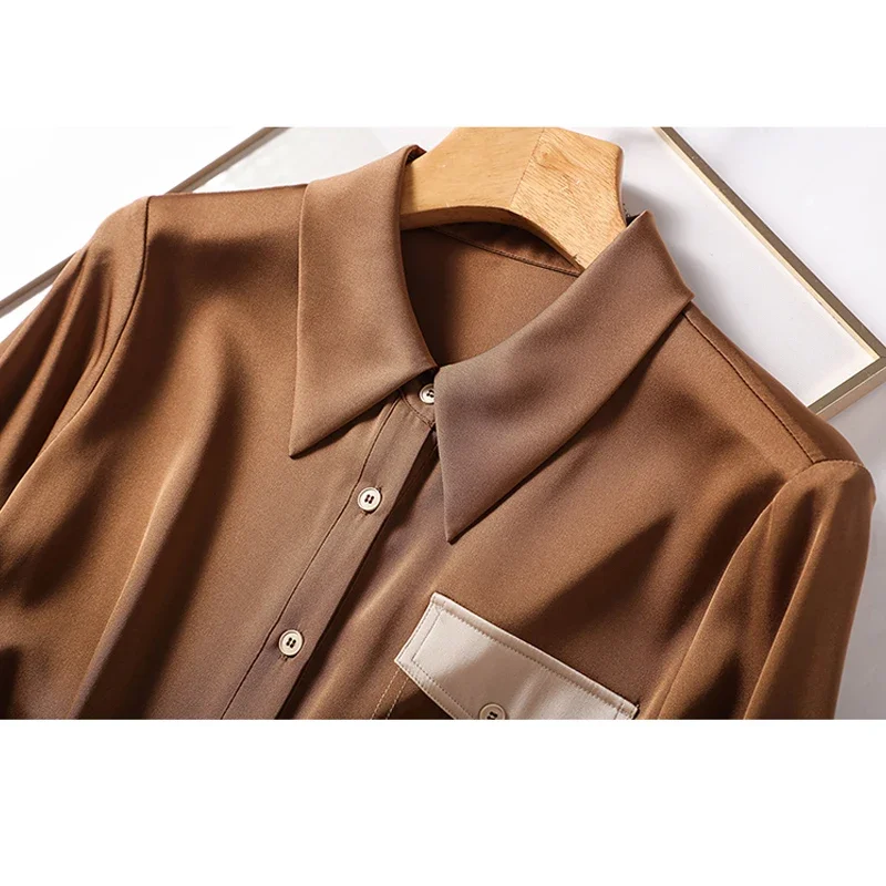 Vintage Solid Light Brown Elegant Silk Blouse Autumn Spring Long Sleeve Shirt Women Tops Turn Down Collar Satin Clothes 24394