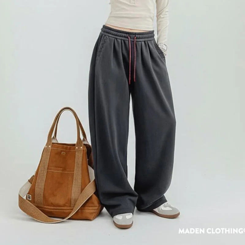 Maden Calça de moletom casual feminina primavera solta calças de perna reta cintura elástica cordão baggy fit cinza escuro
